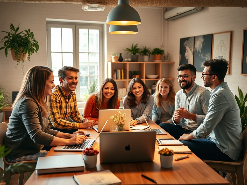 A diverse group of happy entrepreneurs sharing ideas around a cozy workspace, warm natural light, laptops and notebooks open, relaxed and inspired atmosphere.
