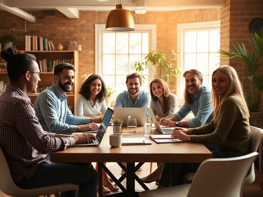 A diverse group of happy entrepreneurs sharing ideas around a cozy workspace, warm natural light, laptops and notebooks open, relaxed and inspired atmosphere.