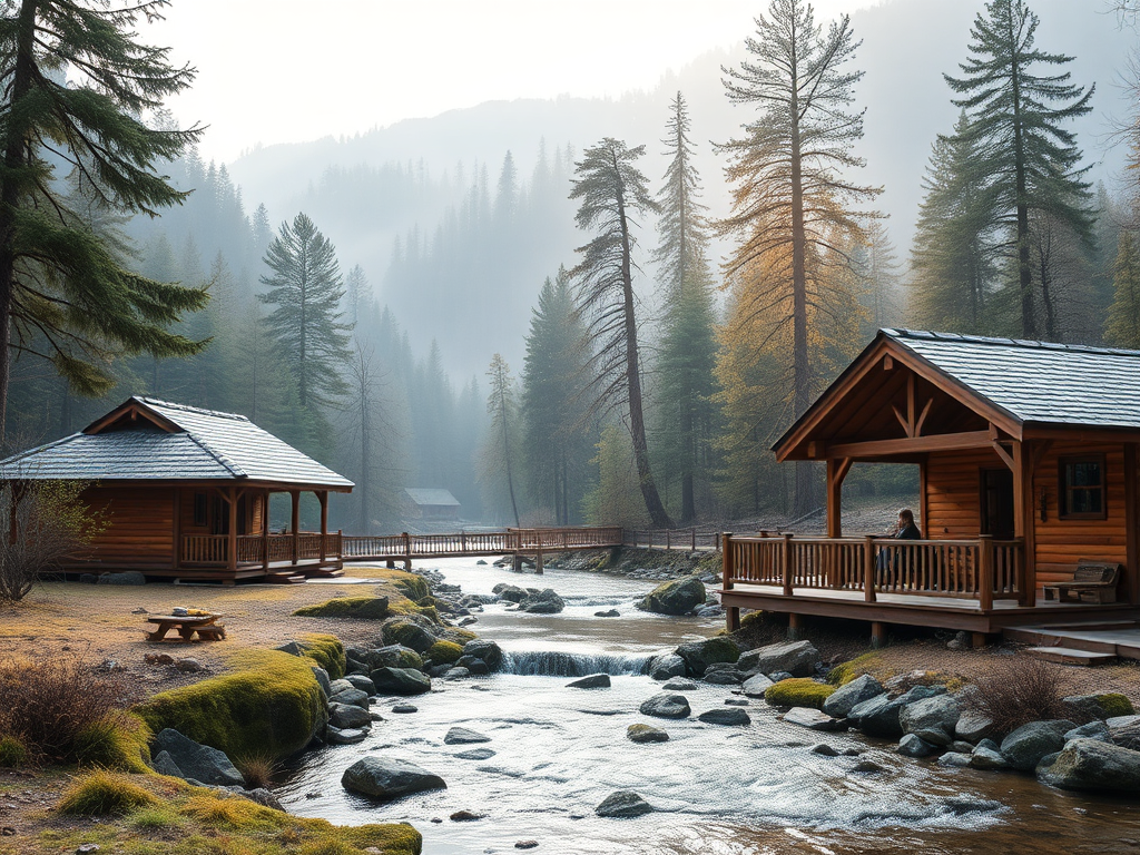 A serene retreat setting with "peaceful nature surroundings," "calm flowing river," "cozy wooden cabins," "soft morning light," and "relaxed, happy people meditating and enjoying solitude."