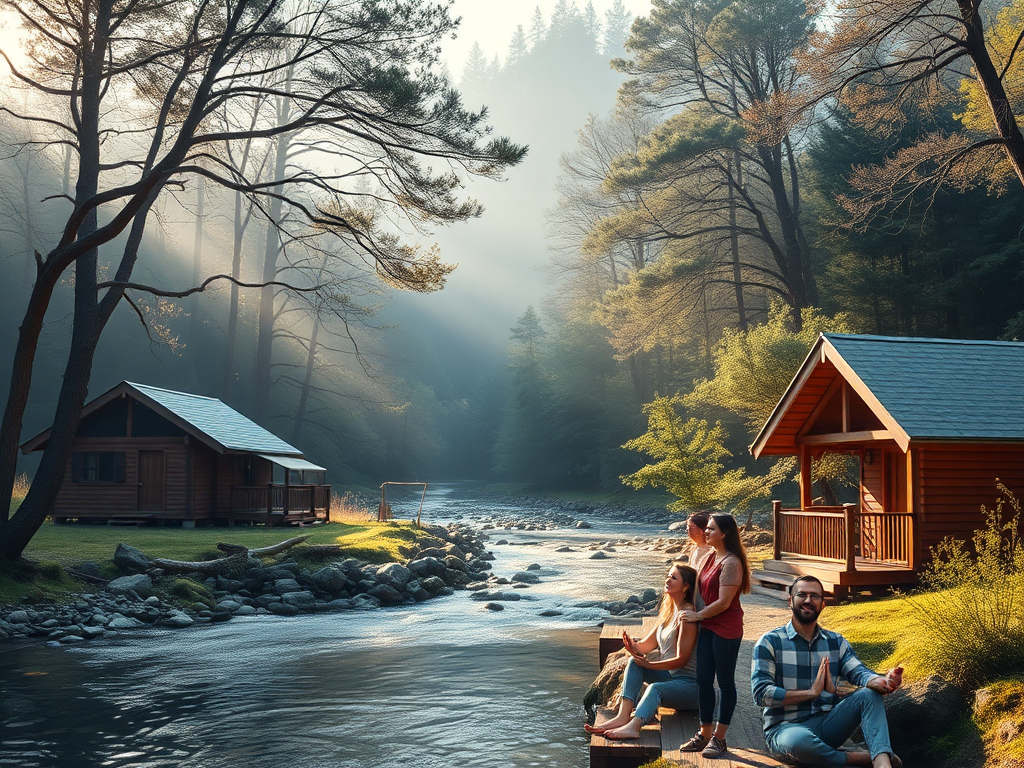 A serene retreat setting with "peaceful nature surroundings," "calm flowing river," "cozy wooden cabins," "soft morning light," and "relaxed, happy people meditating and enjoying solitude."