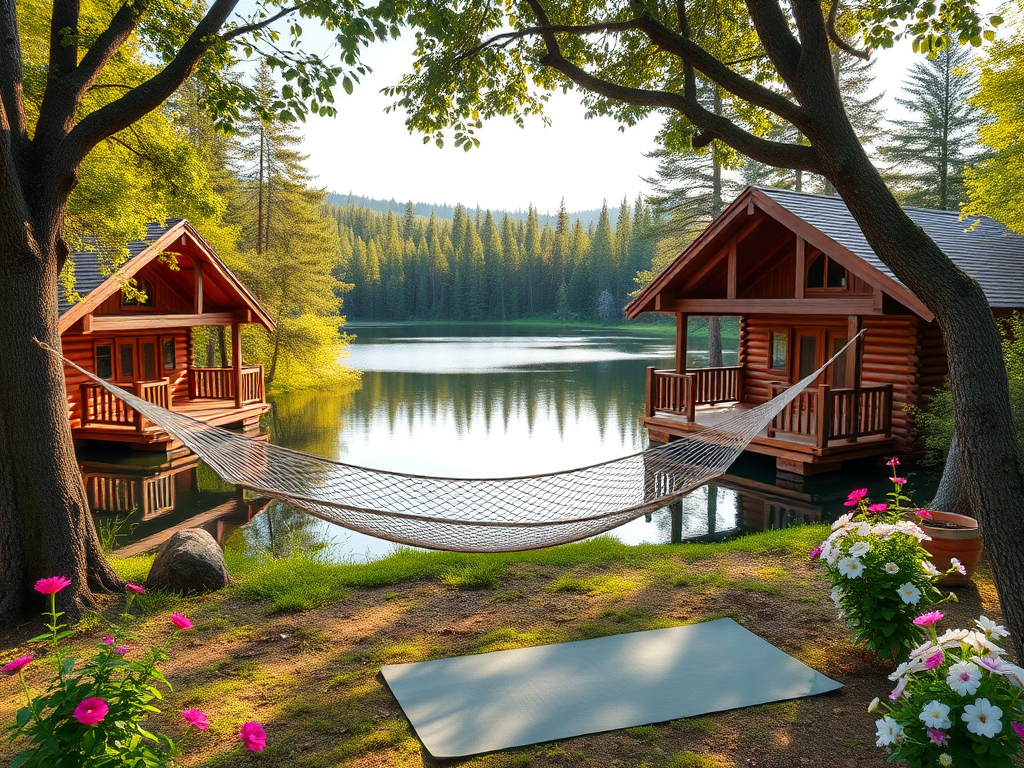 A serene retreat setting with "rustic wooden cabins" surrounded by "lush green trees," a "calm lake reflecting soft sunlight," a "cozy hammock," and a "yoga mat" beside blooming flowers.