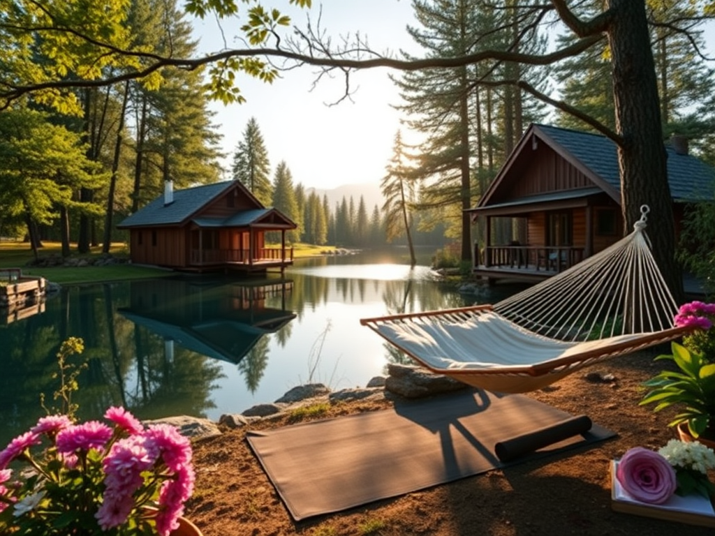 A serene retreat setting with "rustic wooden cabins" surrounded by "lush green trees," a "calm lake reflecting soft sunlight," a "cozy hammock," and a "yoga mat" beside blooming flowers.