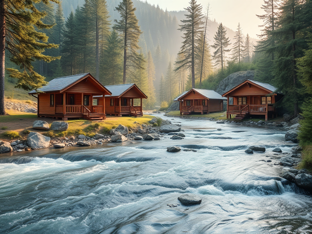 A serene retreat setting with "peaceful nature surroundings," "calm flowing river," "cozy wooden cabins," "soft morning light," and "relaxed, happy people meditating and enjoying solitude."