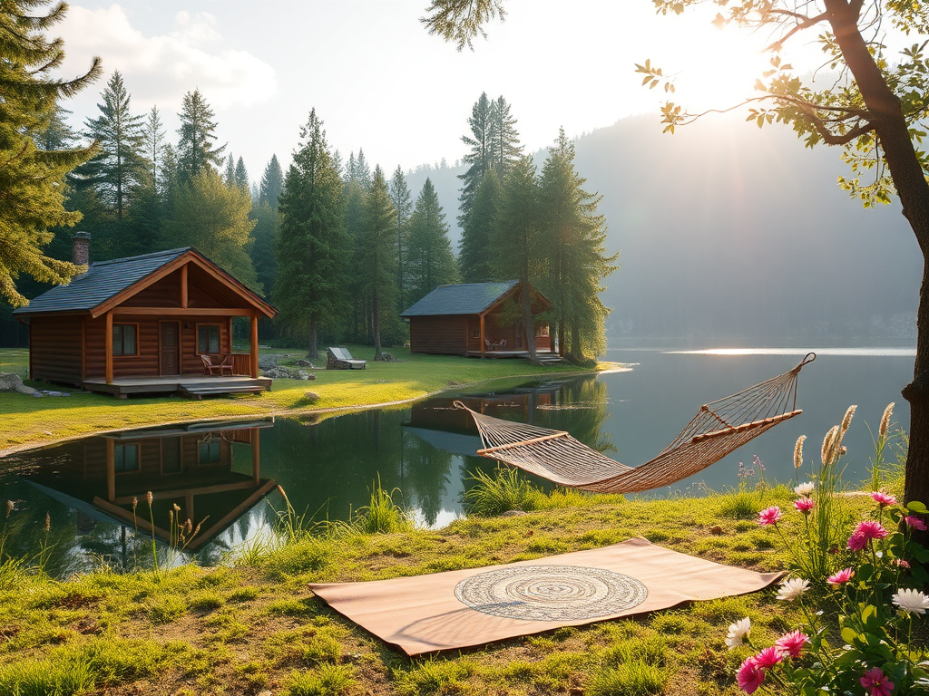 A serene retreat setting with "rustic wooden cabins" surrounded by "lush green trees," a "calm lake reflecting soft sunlight," a "cozy hammock," and a "yoga mat" beside blooming flowers.