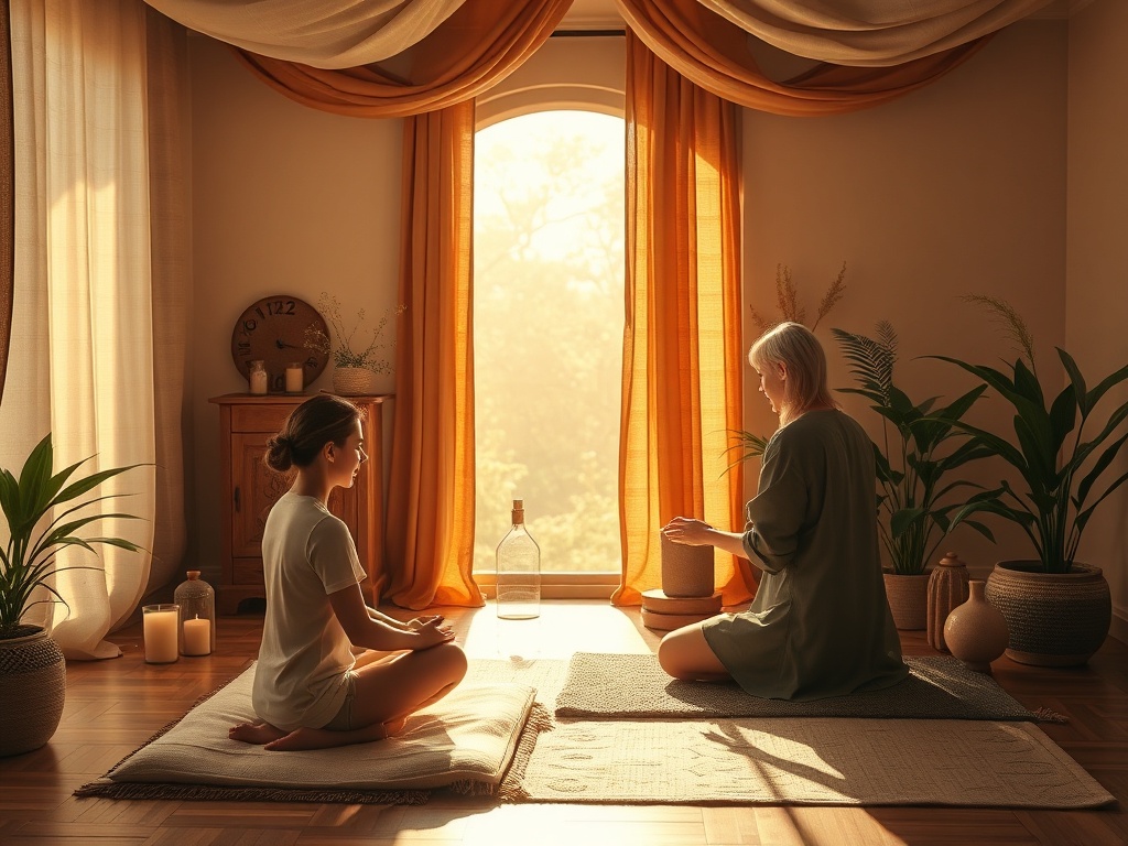 "serene healing retreat room" "soft golden light" "person meditating on floor cushion" "gentle therapist guiding touch" "flowing fabric curtains" "plants and candles" "warm earthy tones"