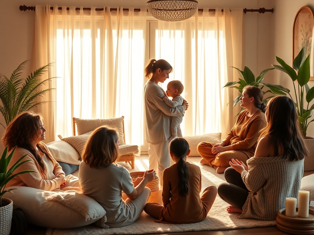 "warm sunlit therapy room" "soft cushions and blankets" "mother and child embracing" "group of diverse adults in gentle circle" "calm facilitator guiding mindfulness" "earthy tones, plants, candles"