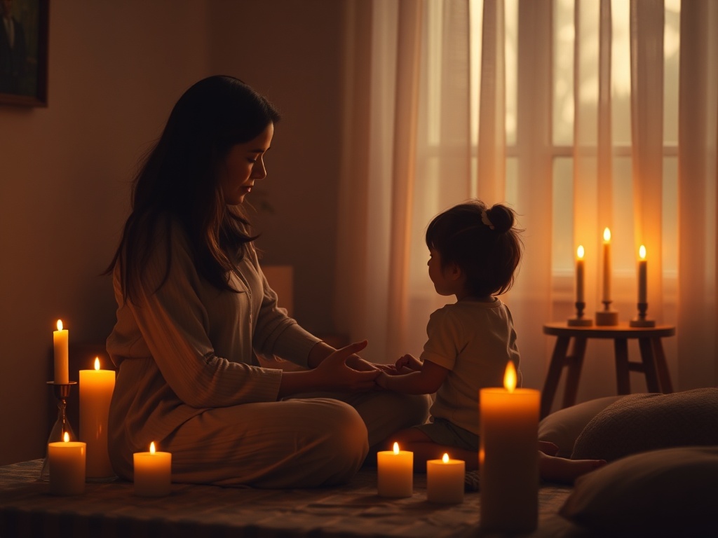 "soft candlelit room" "mother and child sitting in gentle embrace" "therapist nearby observing calmly" "warm golden light, soothing muted earth tones" "subtle symbolic threads connecting silhouettes" "soft-focus, intimate, healing atmosphere"