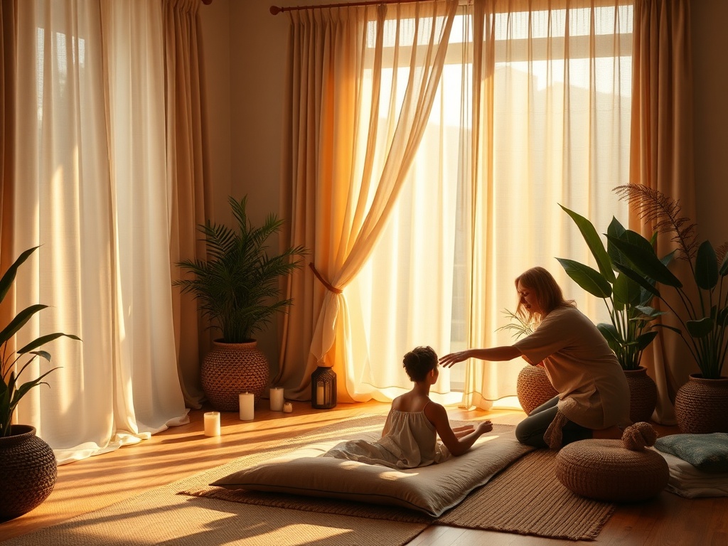 "serene healing retreat room" "soft golden light" "person meditating on floor cushion" "gentle therapist guiding touch" "flowing fabric curtains" "plants and candles" "warm earthy tones"