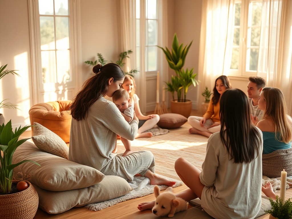 "warm sunlit therapy room" "soft cushions and blankets" "mother and child embracing" "group of diverse adults in gentle circle" "calm facilitator guiding mindfulness" "earthy tones, plants, candles"