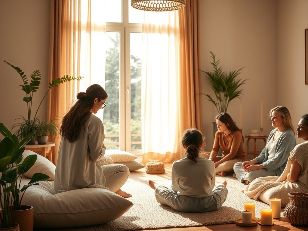 "warm sunlit therapy room" "soft cushions and blankets" "mother and child embracing" "group of diverse adults in gentle circle" "calm facilitator guiding mindfulness" "earthy tones, plants, candles"