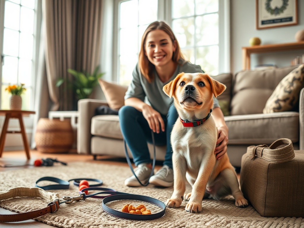 A joyful puppy sitting attentively beside a smiling owner in a cozy living room, surrounded by training tools like a leash, treats, and toys, warm natural light.