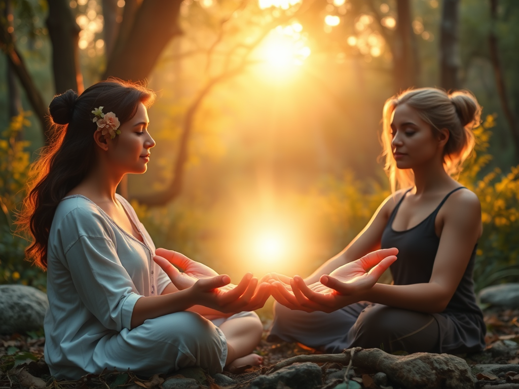 A serene healing retreat in nature, peaceful faces meditating, gentle hands offering support, soft glowing light, symbolic breathing waves, warm earthy tones, nurturing atmosphere.
