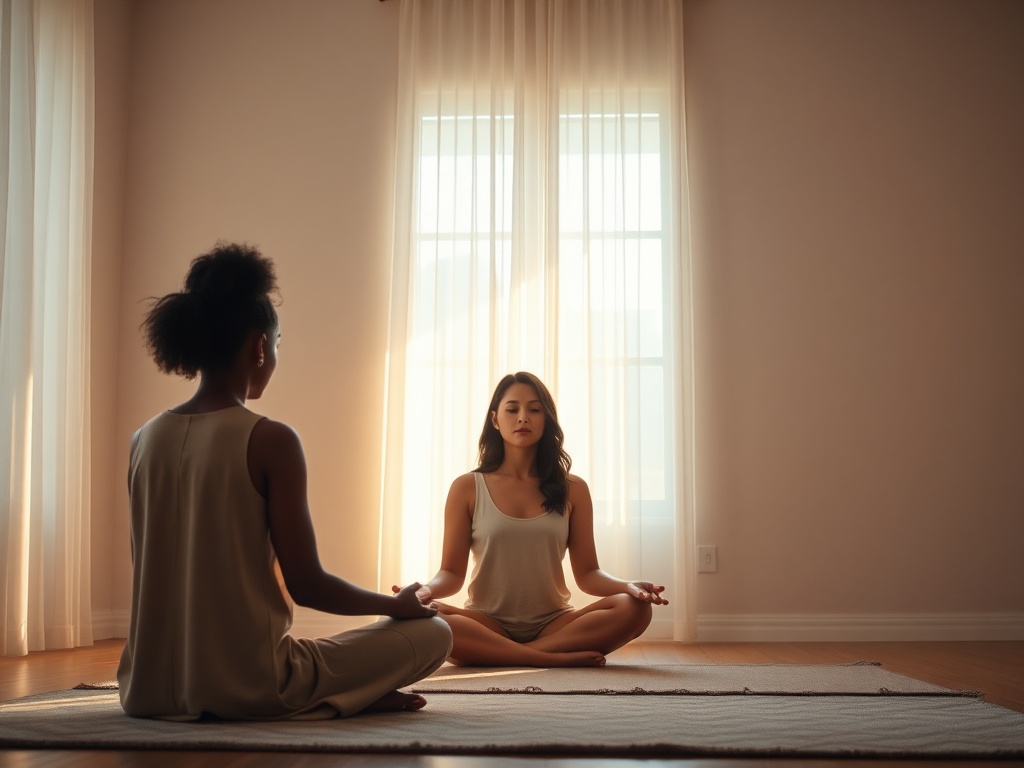 "A serene, gentle-lit room; three diverse women seated in quiet meditation; soft light rays symbolizing receiving; calm nervous-system glow; warm, hopeful mood."