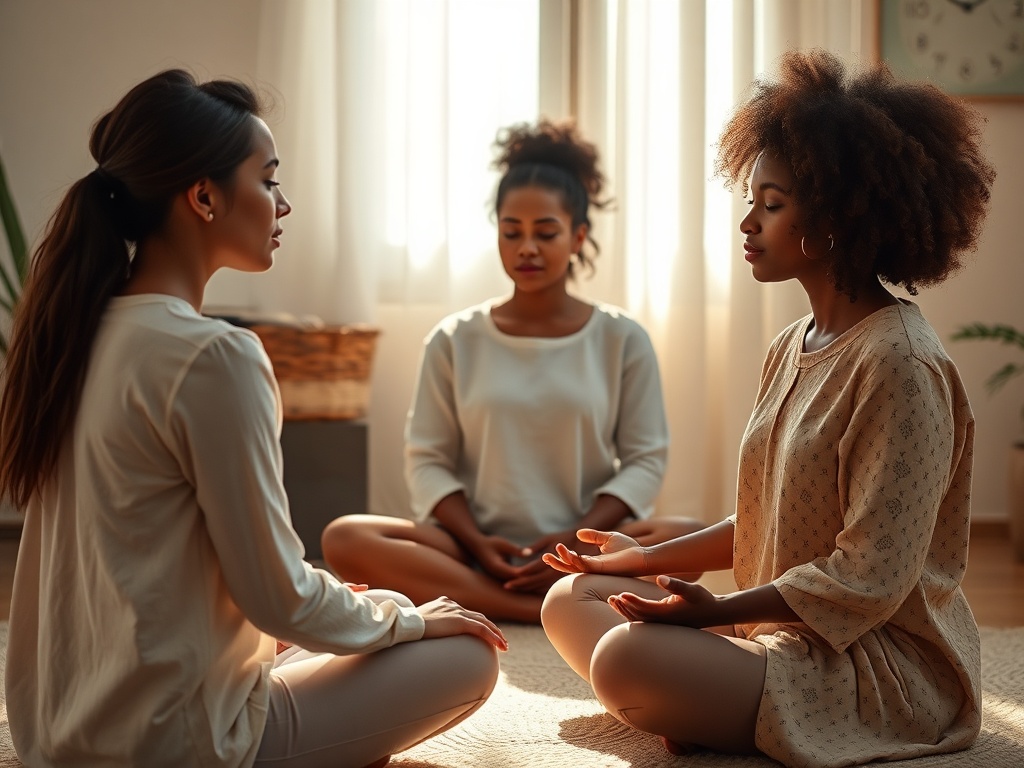 "A serene, gentle-lit room; three diverse women seated in quiet meditation; soft light rays symbolizing receiving; calm nervous-system glow; warm, hopeful mood."