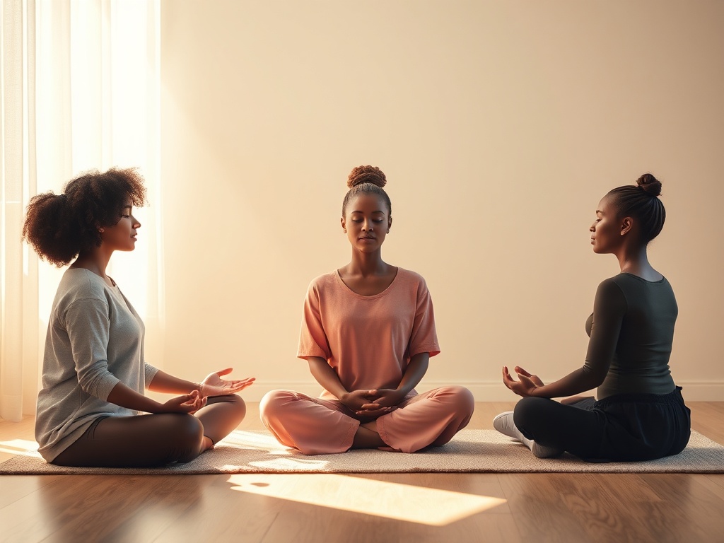 "A serene, gentle-lit room; three diverse women seated in quiet meditation; soft light rays symbolizing receiving; calm nervous-system glow; warm, hopeful mood."