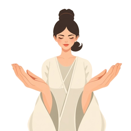 Carefully describe an image in great detail that needs to be generate, use quotes to split visual things. "gentle woman" "open hands" "calm waves"