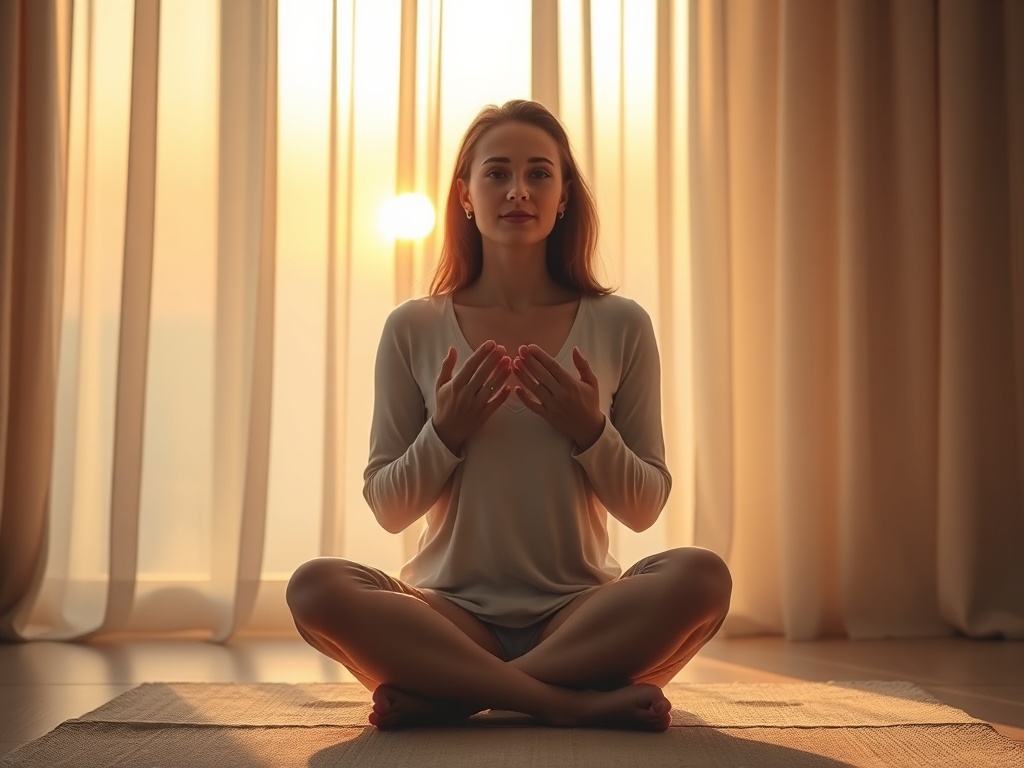 Serene interior at dawn, soft warm light, woman seated cross-legged, hands open receiving, subtle calming wave from chest, floating dust motes, gentle calming colors, no text.
