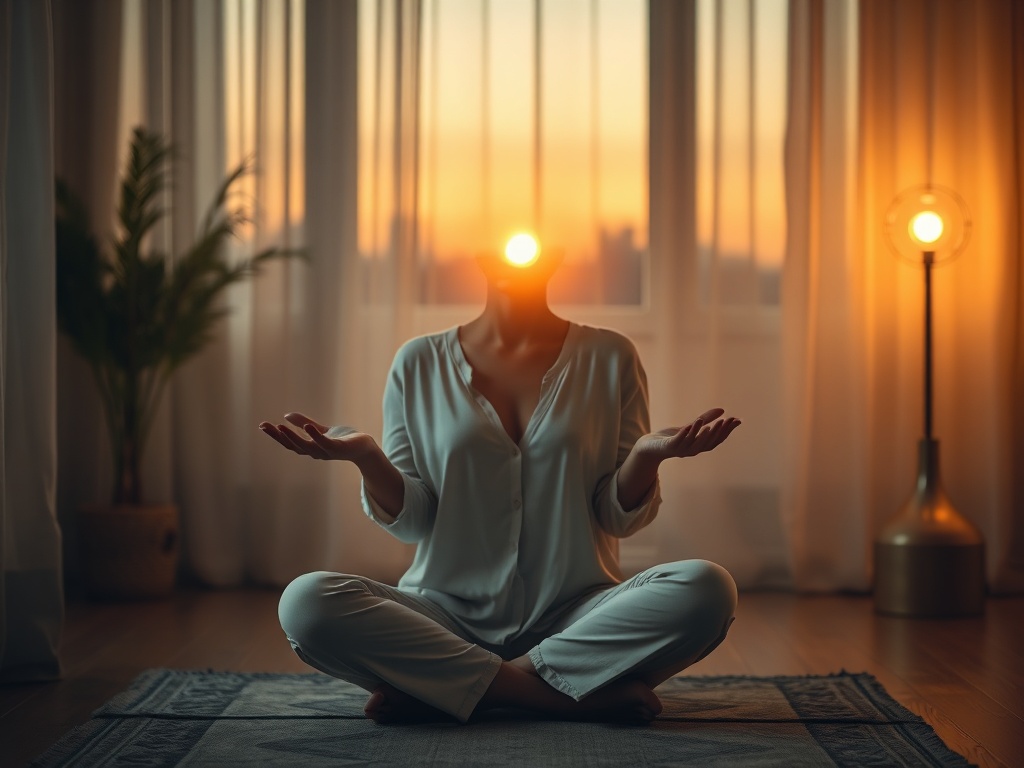 Serene interior at dawn, soft warm light, woman seated cross-legged, hands open receiving, subtle calming wave from chest, floating dust motes, gentle calming colors, no text.