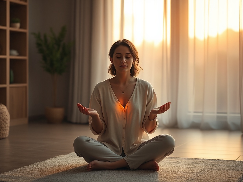 Serene interior at dawn, soft warm light, woman seated cross-legged, hands open receiving, subtle calming wave from chest, floating dust motes, gentle calming colors, no text.