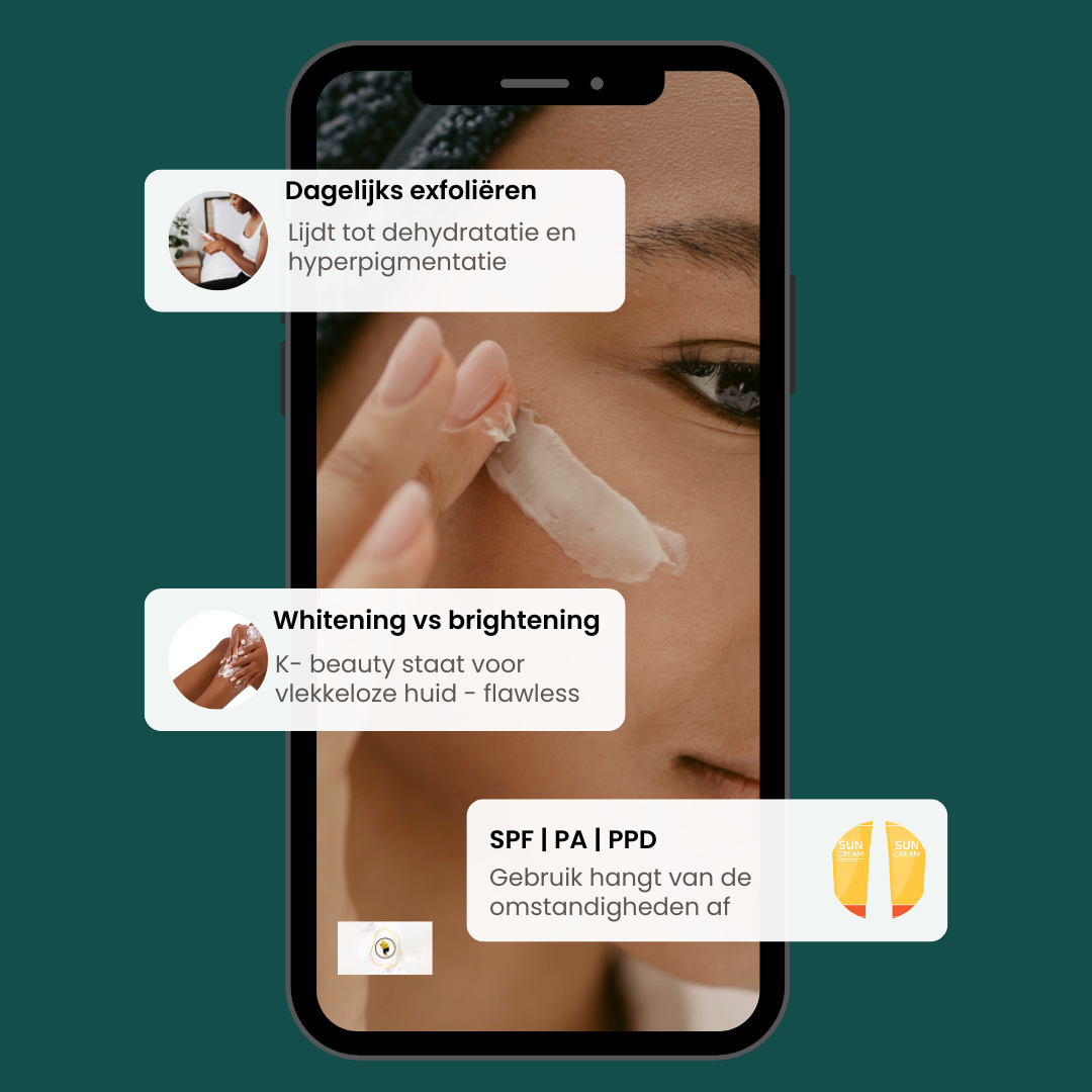 Infographic op smartphone met getinte vrouw die crème aanbrengt op gezicht. Over scherm drie tekstballonnen.
