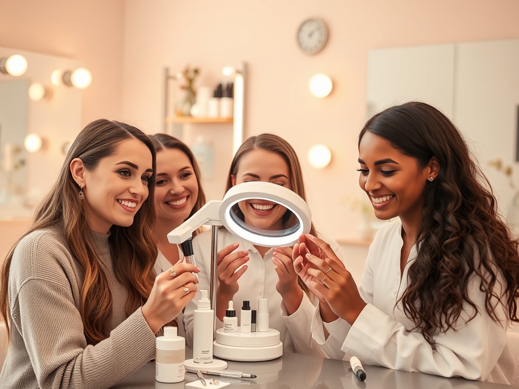A cozy beauty studio scene with three diverse female cosmetology professionals smiling, reviewing skincare tools and LED magnifier, warm lighting, subtle skincare swatches, clinical yet inviting mood.