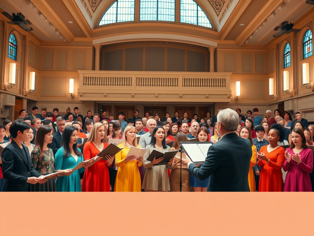 Een kleurrijk koor zingt onder leiding van een dirigent.