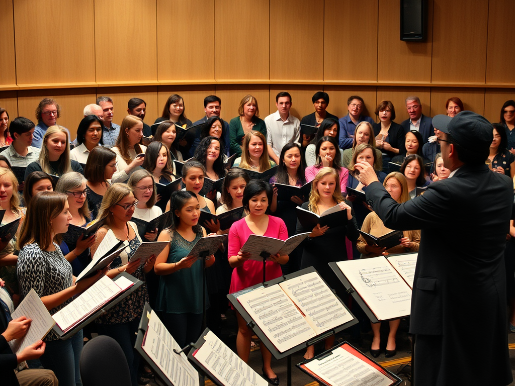 Een levendige koorrepetitie met diverse zangers en een dirigent.