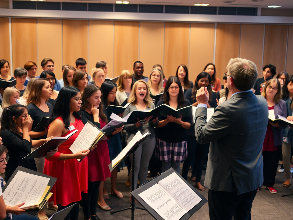 Een levendige koorrepetitie met diverse zangers.