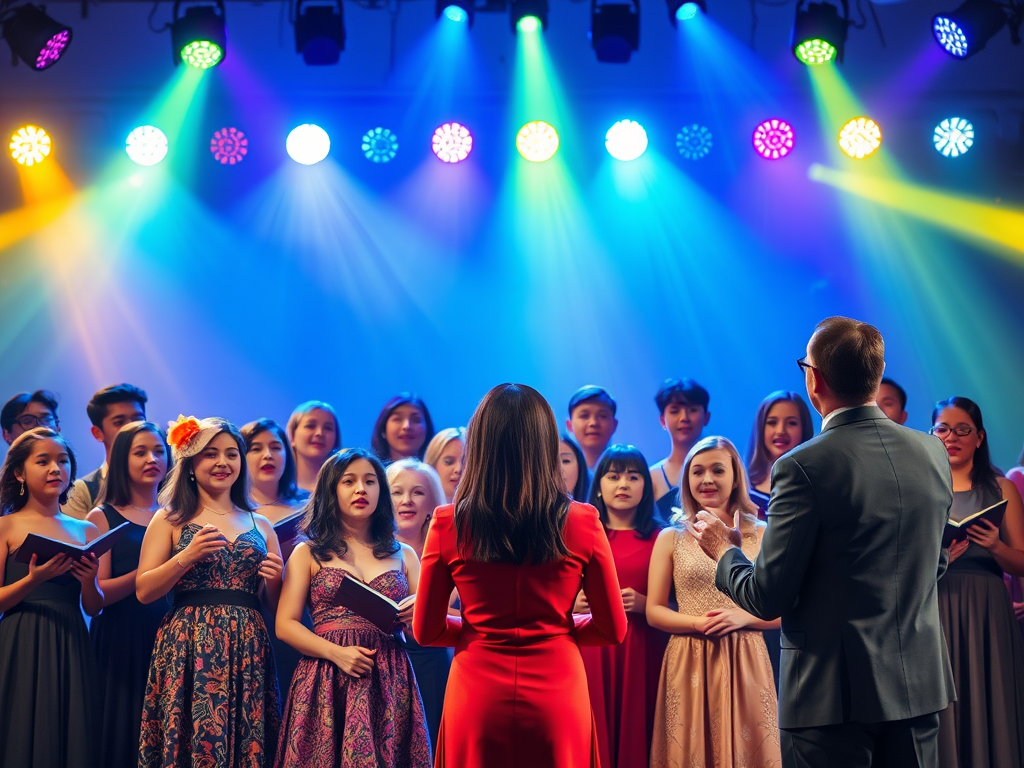 Een kleurrijke kooroptreden met elegante zangers en een dirigent.