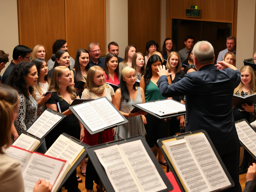 Een levendige koorrepetitie met diverse zangers en een dirigent.
