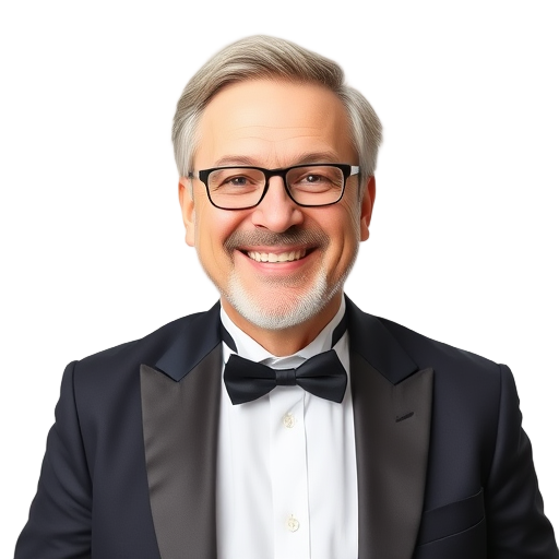 Een glimlachende man in een tuxedo met een witte achtergrond.