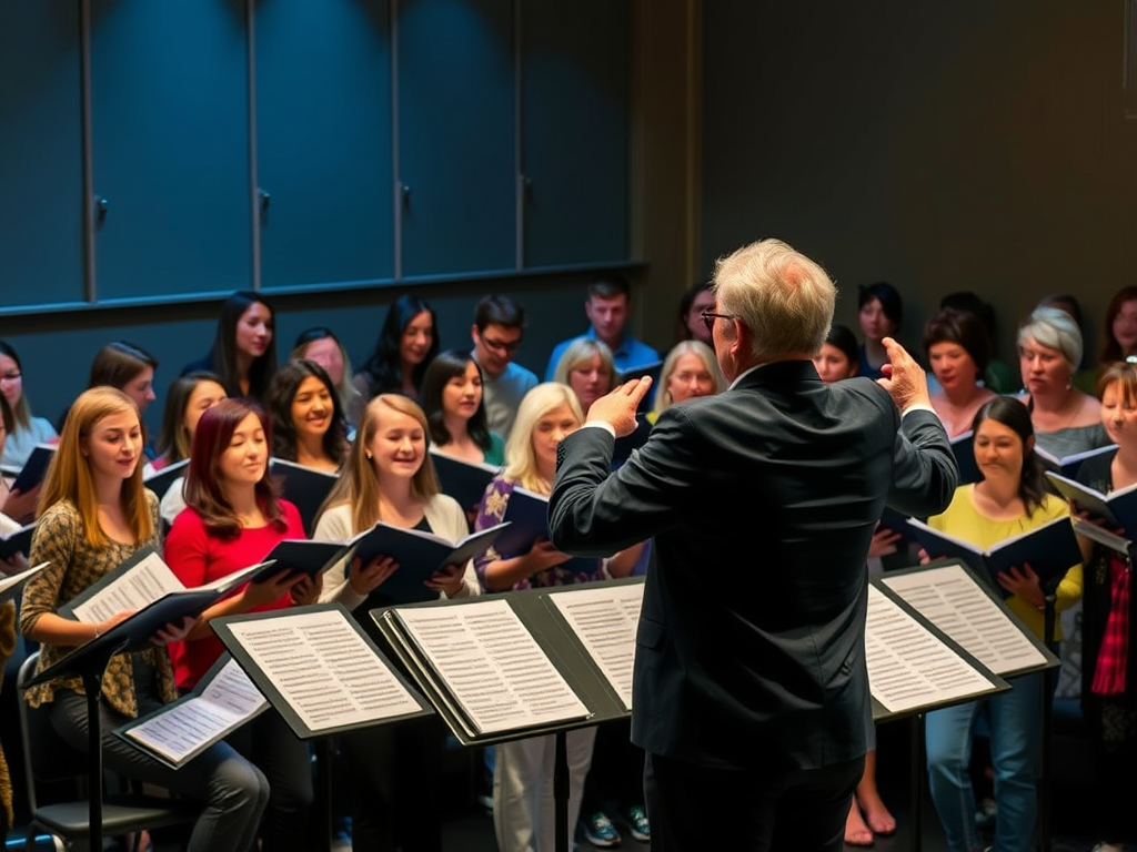 Een levendige koorrepetitie met diverse zangers en een dirigent.