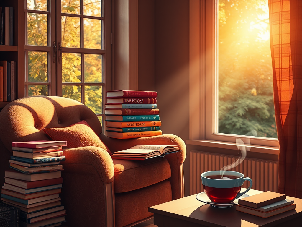 Een gezellige leeshoek met een fauteuil, boeken en thee.