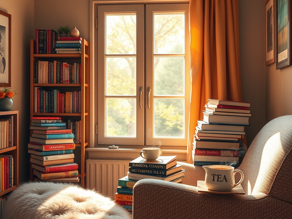 Een knusse leeshoek met een fauteuil en boeken.