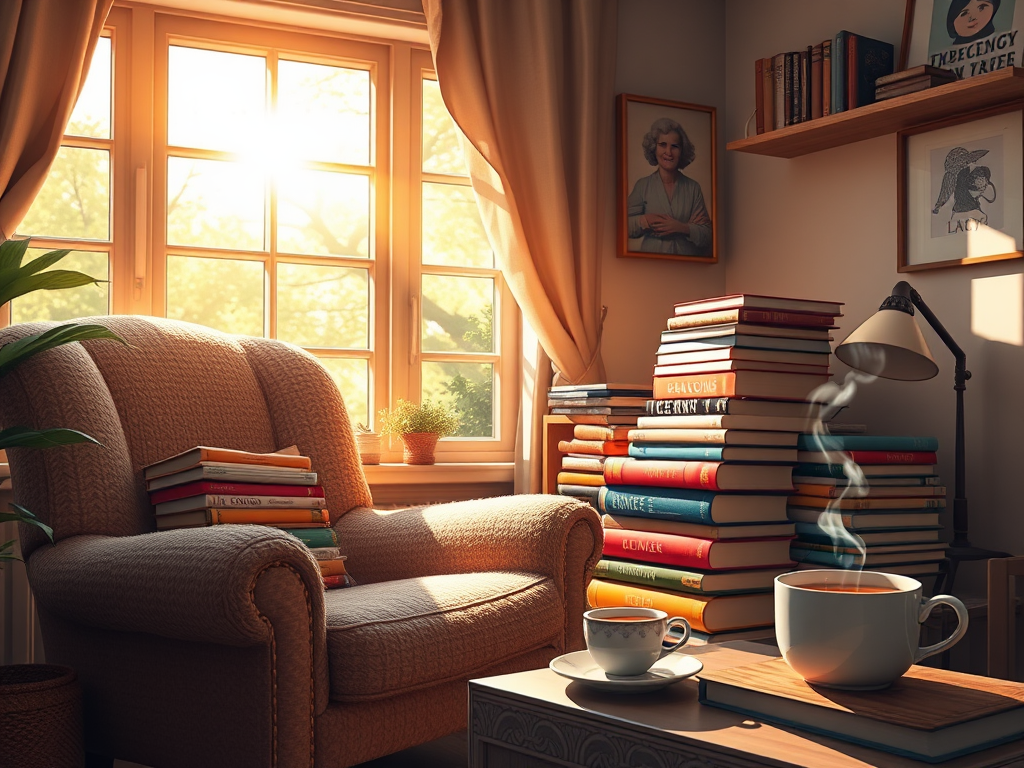 Een gezellige leeshoek met een fauteuil en boeken.