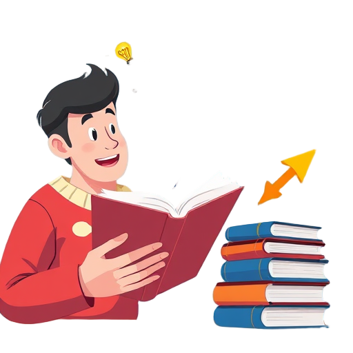 Een persoon leest een boek met een pijl en lampjes.