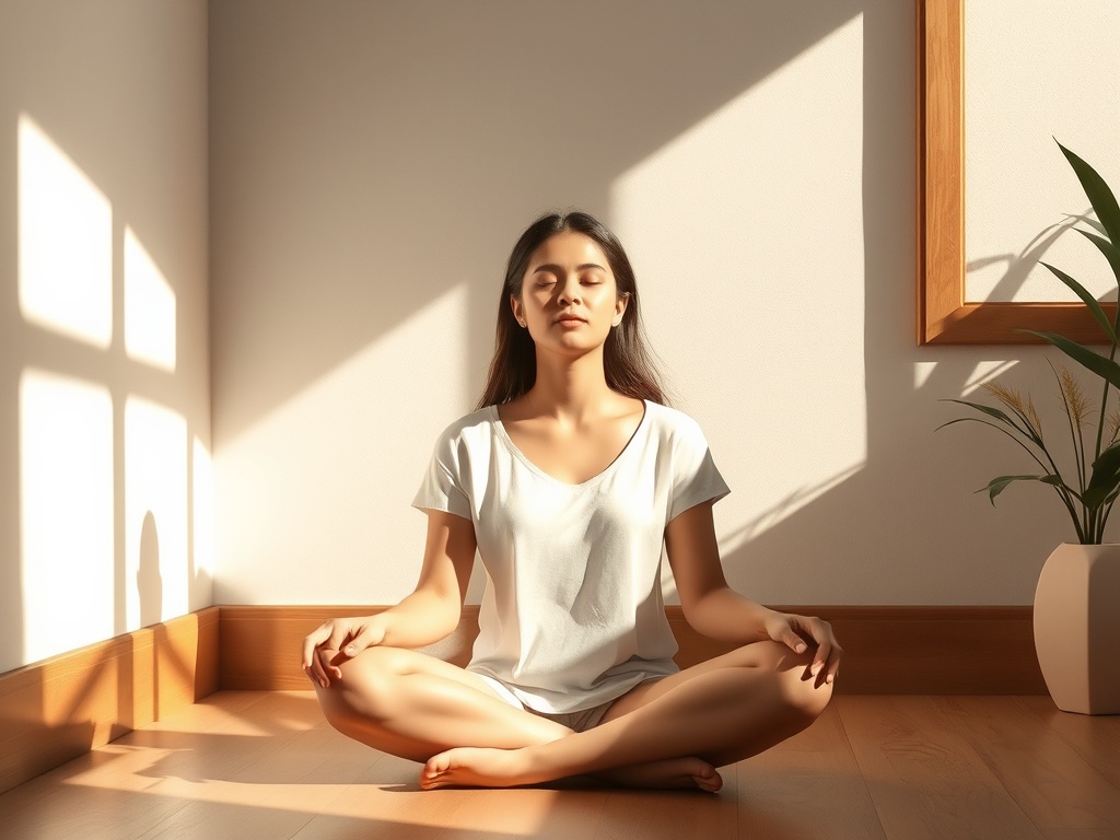 "A serene, sunlit room. A person sits peacefully in a relaxed posture, serene expression, gentle breath. Soft shadows, calm colors, subtle breath flow."