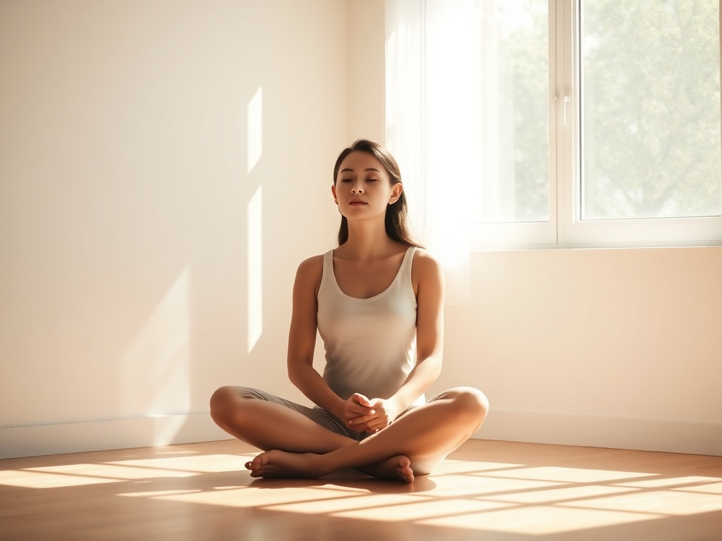 "A serene, sunlit room. A person sits peacefully in a relaxed posture, serene expression, gentle breath. Soft shadows, calm colors, subtle breath flow."