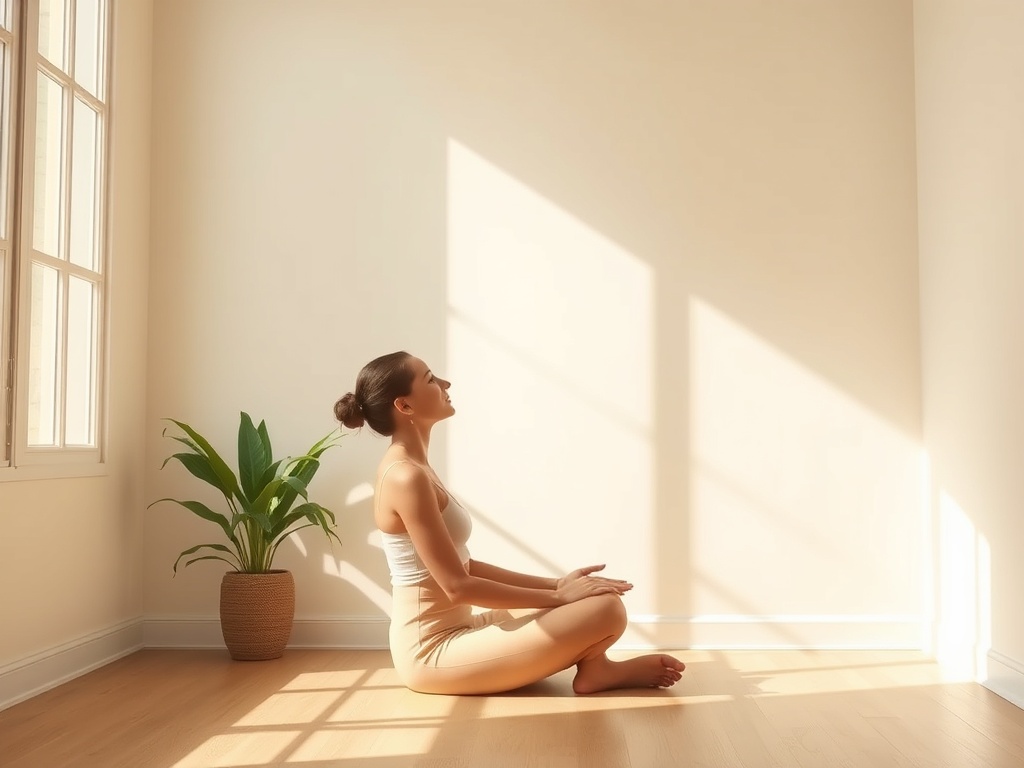 "A serene, sunlit room. A person sits peacefully in a relaxed posture, serene expression, gentle breath. Soft shadows, calm colors, subtle breath flow."