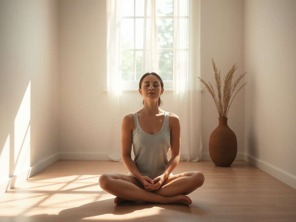 "A serene, sunlit room. A person sits peacefully in a relaxed posture, serene expression, gentle breath. Soft shadows, calm colors, subtle breath flow."