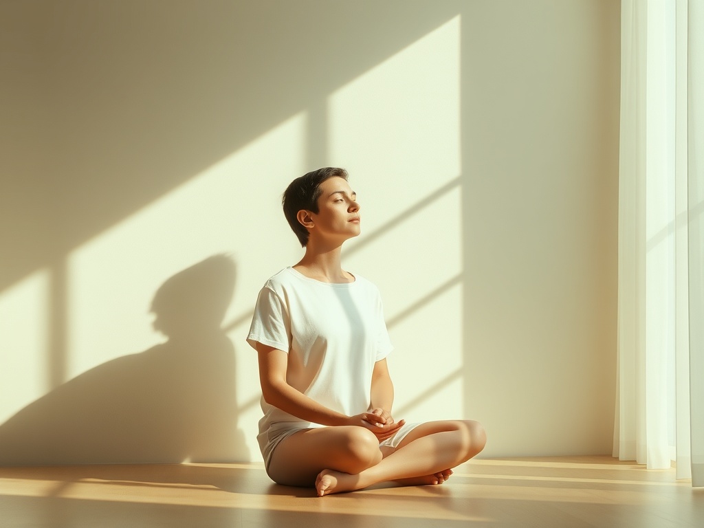 "A serene, sunlit room. A person sits peacefully in a relaxed posture, serene expression, gentle breath. Soft shadows, calm colors, subtle breath flow."