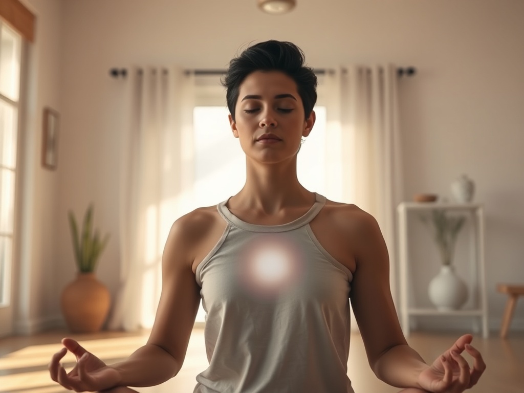"A serene, focused person meditating in a sunlit room, with tense shoulders relaxing, subtle breath waves glowing around chest, peaceful minimalist decor, soft colors."