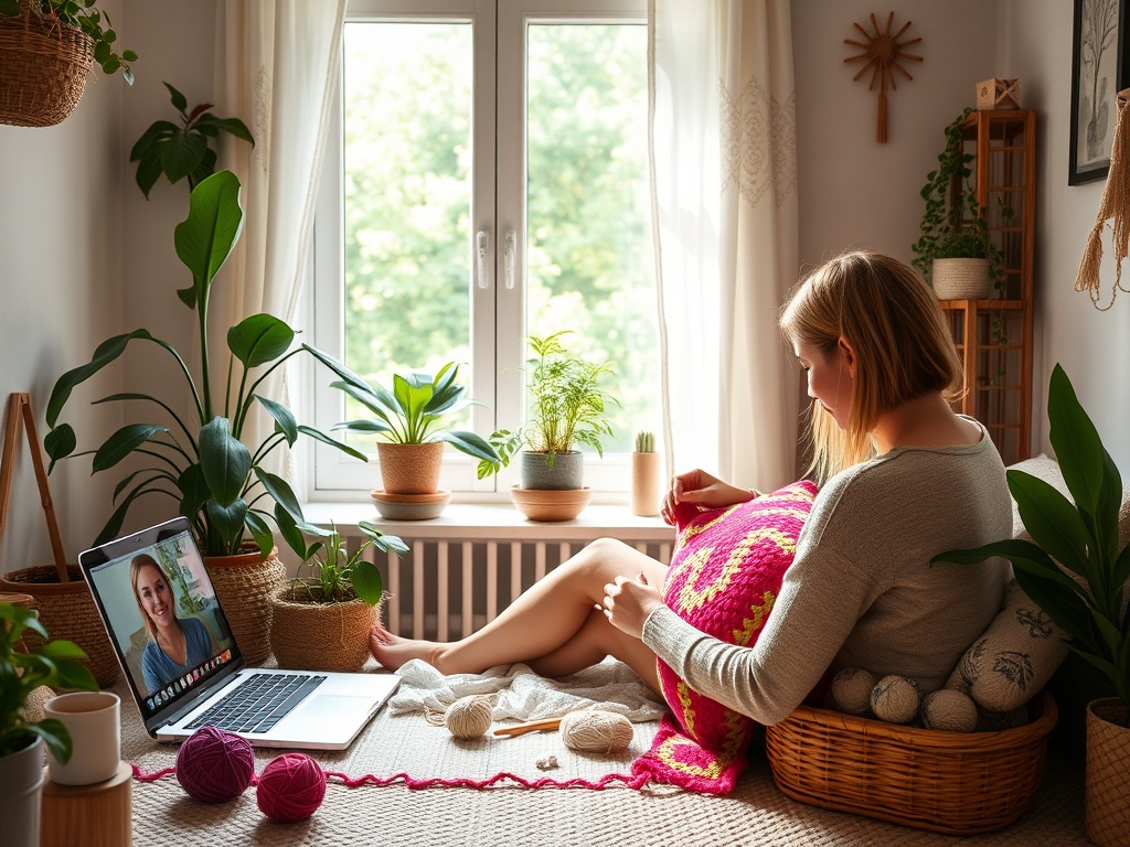 A serene cozy room with "a person crocheting a colorful cushion," "soft natural light through a window," "calm ambiance with plants and yarn balls," "a laptop displaying an online class," and "a peaceful, creative atmosphere."
