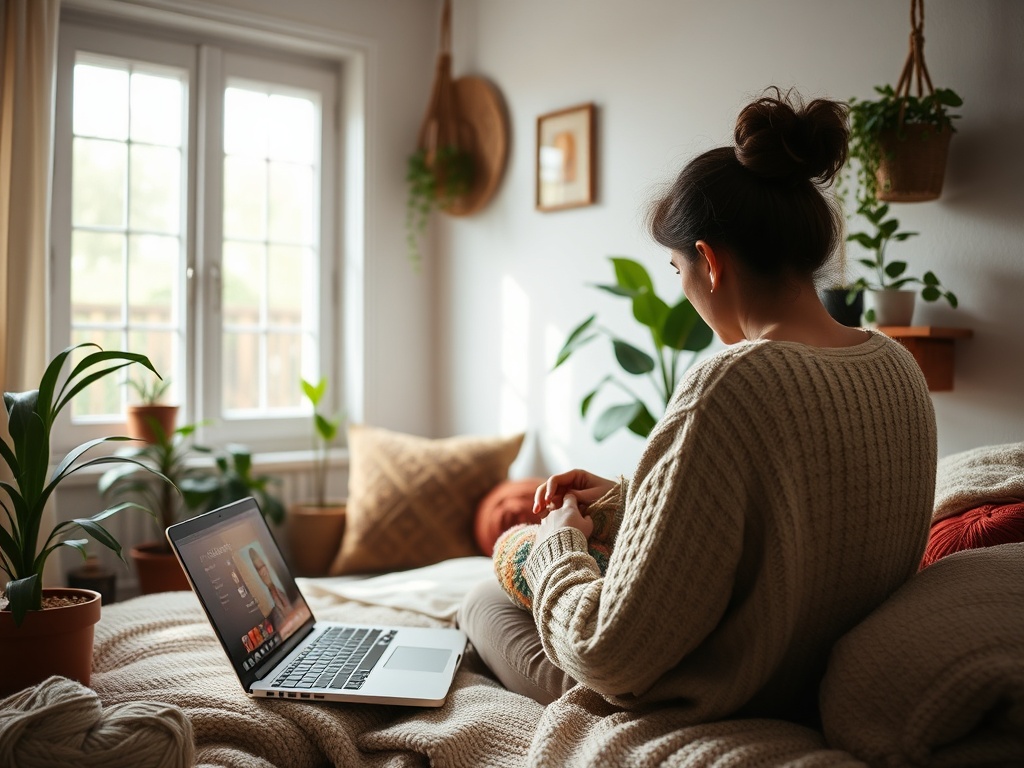 A serene cozy room with "a person crocheting a colorful cushion," "soft natural light through a window," "calm ambiance with plants and yarn balls," "a laptop displaying an online class," and "a peaceful, creative atmosphere."