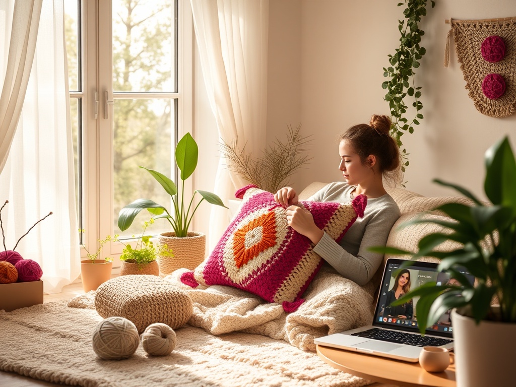 A serene cozy room with "a person crocheting a colorful cushion," "soft natural light through a window," "calm ambiance with plants and yarn balls," "a laptop displaying an online class," and "a peaceful, creative atmosphere."