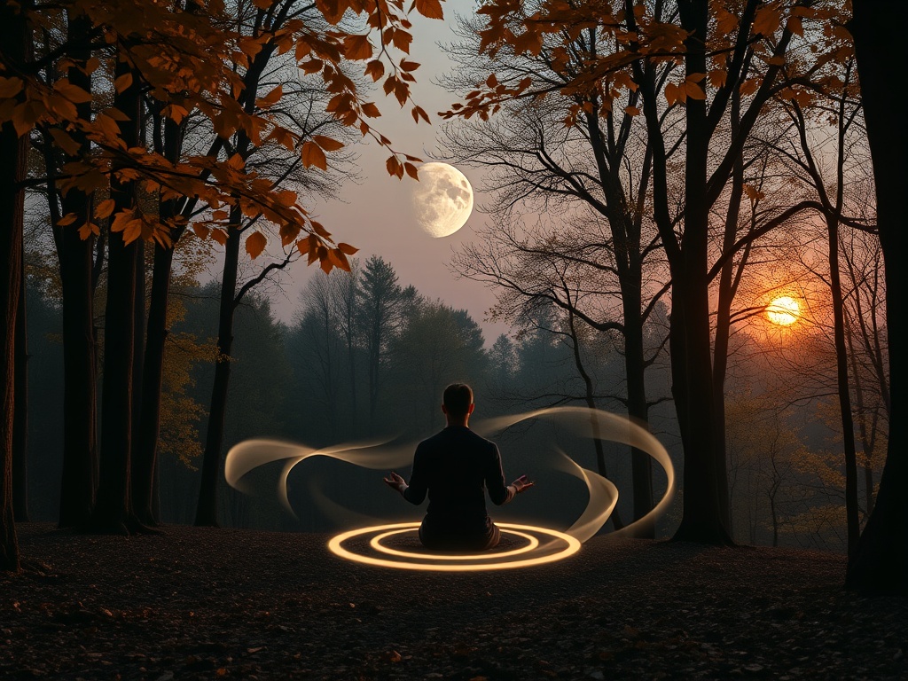 "a serene autumn forest at dusk" "a large waning moon glowing softly" "falling golden leaves swirling in a gentle breeze" "a meditative figure seated in a circle of light" "subtle energy waves flowing around the figure" "calm, reflective atmosphere with w