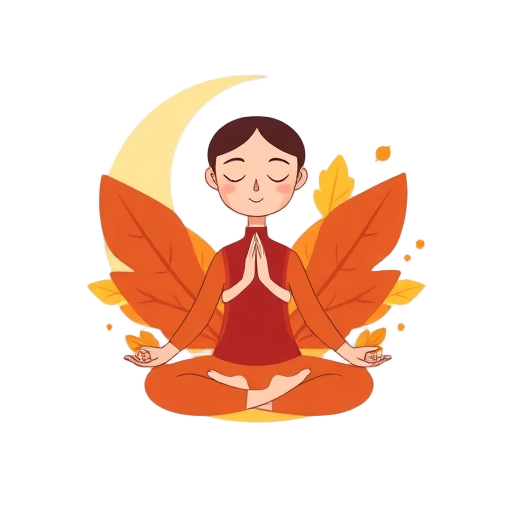 "crescent moon" "fall leaves" "meditation pose" "spiritual symbols" "calm face" "balanced scales"