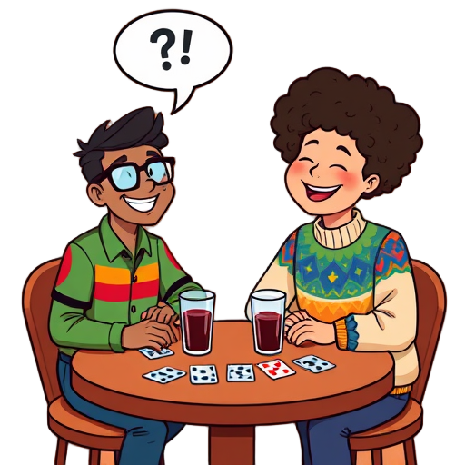 Twee diverse personages spelen aan een ronde tafel.