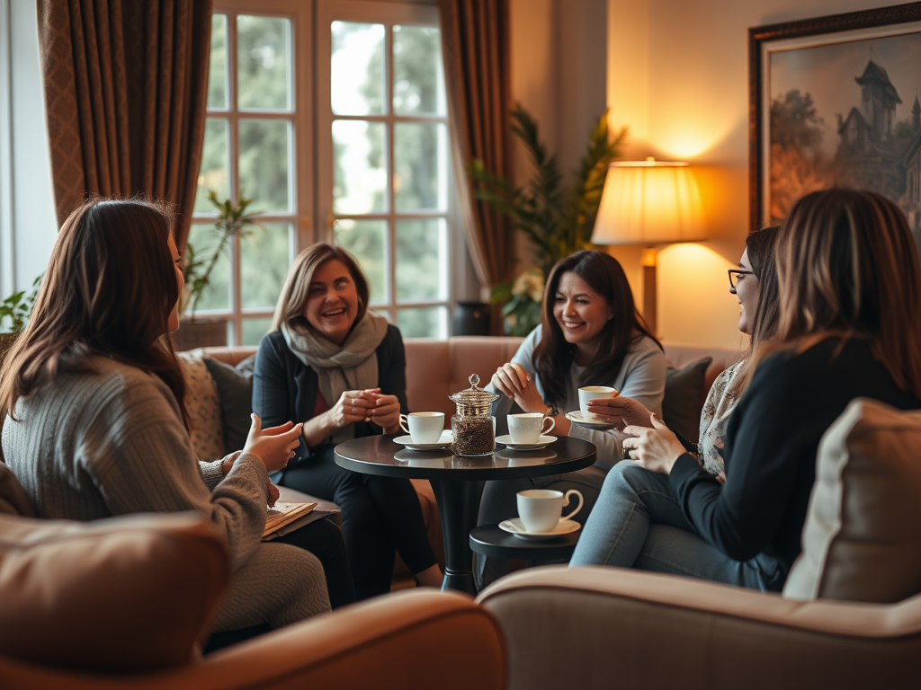 Vijf vrouwen lachen en praten gezellig met thee.