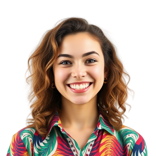 Een glimlachend persoon voor een witte achtergrond.